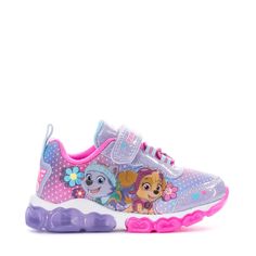 Engineered for fun, smiles, and all-day play. The Paw Patrol toddlers' athletic shoes are lined with a comfortable soft fabric, cushioned with a comfortable midsole, and have a rubber sole with a bumper toe for durability. Nothing can stop your toddler from enjoying their day with these cute athletic shoes on their feet. Hook-and-loop strap closure with an elastic front. Textile and synthetic upper. Soft fabric lining. Heel pull-tab. Bumper toe. Cushioned insole. Molded translucent midsole. Rubb Playful Lace-up Sneakers For Sports, Playful Lace-up Sports Sneakers, Playful Low-top Sports Sneakers, Synthetic Running Shoes With Studded Outsoles For Jogging, Playful Synthetic Sneakers With Rubber Sole, Playful Sneakers With Rubber Sole And Synthetic Material, Sporty Slip-resistant Sneakers For Playtime, Playful Non-slip Synthetic Sneakers, Purple Synthetic Running Shoes With Rubber Sole