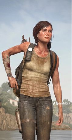 the walking dead game character is standing in front of a body of water with her hands on her hips