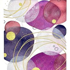 an abstract painting with purple, yellow and pink circles on white paper in the center