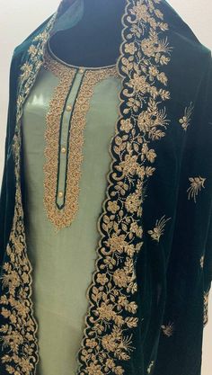 Item Overview ATHARVA Hand Embroidery Salwar Kameez/Embroidery Neck in Green Silk/Zari Embroidery Border Dupatta Velvet/Custom Stitch/Churridars/ Dno. VL01B Fabric: * Shirt: Uppada Silk -Green - 2.5 Mts, with Beautiful Embroidery Neck * Dupatta: Velvet Dupatta 2.5Mt- Heavy Zari Embroidery- Bottle Green * Salwar: Santoon Silk 2.5 Mts. Excusive Hand Embroidered Party Wear Punjabi Suit. Customization: * Fabrics Customization: Designs Can be made in different Fabrics. *Color Customization: Designs C Traditional Pista Green Chanderi Sherwani, Designer Green Kundan Kurta, Bollywood Style Chanderi Sherwani With Multicolor Embroidery, Pista Green Embroidered Kurta In Raw Silk, Semi-stitched Embroidered Chanderi Sherwani, Pista Green Embroidered Raw Silk Kurta, Unstitched Pista Green Sherwani With Resham Embroidery, Semi-stitched Chinon Sherwani For Eid, Traditional Pista Green Anarkali Set With Dabka