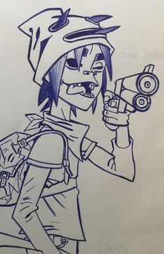 Gorillaz Art Style Tutorial, 2 D Gorillaz Drawing, Gorrilaz Drawing Style, Gorillaz Tattoo Ideas, How To Draw Noodle Gorillaz, Gorillaz Drawing, Gorillaz Art Noodle, Gorillaz 2d And Noodle