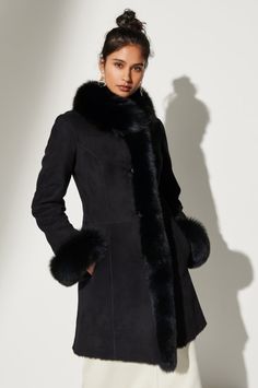 Chantal Reversible Sheepskin Coat with Fox Fur Trim | Overland Elegant Sheepskin Outerwear For Fall, Classic Sheepskin Fur Coat For Winter, Elegant Long Shearling Coat, Elegant Long Sheepskin Coat, Elegant Sheepskin Fur Coat With Faux Fur Trim, Elegant Shearling Outerwear For Fall, Elegant Shearling Outerwear With Faux Fur Trim, Elegant Fall Shearling Outerwear, Elegant Mink Shearling Fur Coat