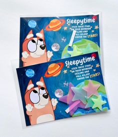 two children's books about sleeptime with stars and cartoon characters on the covers