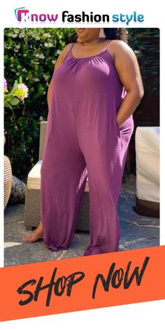 Purple Fashion Casual Solid Backless Spaghetti Strap Plus Size Jumpsuits Solid Color One-piece Jumpsuits For Summer, Trendy Strapless Jumpsuit With Pockets For Summer, Summer Stretch Solid Jumpsuits And Rompers, Casual High-waist Jumpsuits And Rompers For Beach, Casual High Waist Jumpsuits And Rompers For Beach, Solid One-piece Bottoms For Summer, Summer Loungewear Jumpsuits And Rompers In Solid Color, Casual Stretch Jumpsuits With Spaghetti Straps, Casual Stretch Jumpsuits And Rompers With Spaghetti Straps