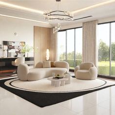 a living room with white furniture and large windows