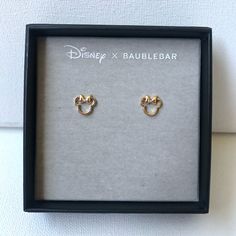 Disney X Baublebar Stud Earrings Minnie Mouse Outline Post Back Closure Gold Tone (Unknown Material) New In Box - The Box Has Some Scuffs (Photos Included), But The Earrings Are In New, Never Worn Condition Minnie Mouse Outline, Baublebar Disney Earrings, Cute Disney Earings, Mouse Outline, Gold Disney Earrings For Gift, Snow White Poison Apple, Disney Minnie Mouse Jewelry, Disney Gold Mickey Mouse Jewelry, Mickey Mouse Silhouette