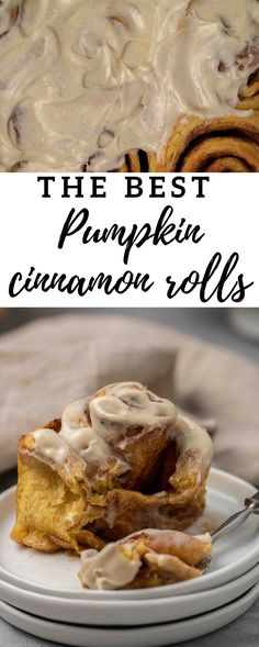 the best pumpkin cinnamon rolls with cream cheese frosting on top, and an easy recipe for