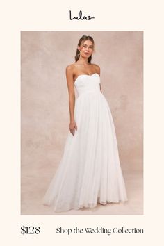 a woman in a white wedding dress with the words, shop the wedding collection