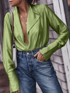 Women's Blouses Deep V Neck Lapel Long Sleeve Blouse - LuckyFash™ Affordable Green Chic Blouse, Luxury Green Tops With Blouson Sleeves, Luxury Blouson Sleeve Blouse For Spring, Cheap Green Blouse For Night Out, Cheap Green V-neck Blouse, Luxury Green Tops For Work, Luxury Green Blouse For Work, Cheap Chic Green V-neck Top, Cheap Green Fall Blouse