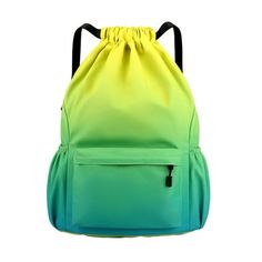 a green and yellow backpack on a white background