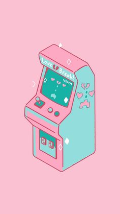 a pink and blue arcade machine with hearts on it's face, in front of a pink background