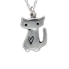 "This little Space Cat charm necklace has some attitude. It measures 3/4\" high and is handmade using solid sterling silver. Shipped as the charm only or on an adjustable 16 to 20 inch sterling silver chain. For the larger version: http://www.etsy.com/listing/62689031/space-kitty For the matching earrings: http://www.etsy.com/listing/61100588/space-cat-earrings Mother-Daughter Set: http://www.etsy.com/listing/50852733/mother-daughter-space-kitties To see my entire store go here: https://www.etsy Claire Core, Cats Accessories, Cat Charm Necklace, Silver Cat Pendant, Kitty Necklace, Glass Store, Cat Activity, Sterling Silver Cat, Cat Pendant