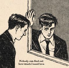 a man looking at himself in the mirror with his hand up to him, and another man's reflection