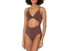 O'Neill Saltwater Solids Twisted One-Piece - Women's Swimsuits One Piece : Chocolate : The primary materials that compose this product contain a minimum of 20 percent recycled content. , Glam up your beach look by wearing the O'Neill Saltwater Solids Twisted One-Piece Swimsuit. Sleeveless silhouette and plunging V-neckline. Adjustable shoulder straps for a snug fit. Removable cups. Twist detail on the front. Signature brand name logo clip on the back. Cut-out detailing on the front for added sty V-neck Cutout Swimwear For Beachwear, V-neck Cutout Swimwear For Pool, Vacation Swimwear With Cutout Triangle Top, Triangle Top Swimwear With Cutout For Vacation, Cutout Triangle Top Swimwear For Vacation, Cutout Swimwear For Beach Season, Cutout Beachwear Swimwear For The Beach, Vacation Swimwear With Cutout Details, Sleeveless Cutout Swimwear For Vacation