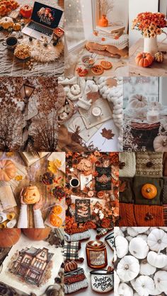 a collage of photos with pumpkins, cookies and other things to decorate it