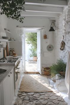 an open door leading to a kitchen with stone flooring and white walls, along with potted plants