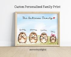 three hedgehogs are sitting in front of a wooden frame with the words, custom personalized family print