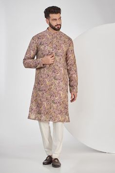 Purple and yellow georgette kurta with paisley print and sequins embroidery. - Aza Fashions Georgette Kurta, Kurta Set For Men, Sara Ali Khan, Madhuri Dixit, Luxury Sale, Purple Guy, Purple And Yellow, Sequins Embroidery, Kurta Set