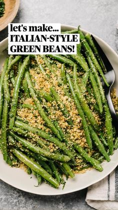 a white plate topped with green beans covered in seasoning