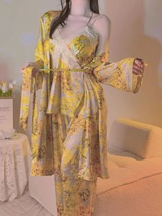 Matching Robes, Yellow Pants, Short Waist, Spandex Shorts, Yellow Print, Pajamas Women, Women Lingerie, Silk Fabric, Night Gown