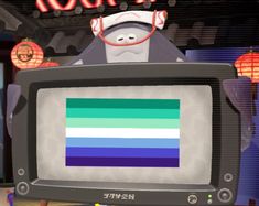 a cartoon character holding up a tv with the colors of rainbow on it's screen