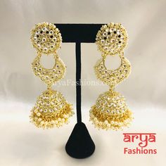 Golden Kundan Jhumka/ Jadau Polki Earrings Temple Style Bridal Earrings With Tilla For Eid, Navratri Kundan Bridal Earrings In Temple Jewelry Style, Navratri Bridal Kundan Earrings In Temple Style, Kundan Bridal Earrings For Navratri In Temple Jewelry Style, Navratri Gold Danglers With Zari Work, Temple Jewelry Kundan Bridal Earrings For Navratri, Bridal Kundan Earrings With Zari Work For Festivals, Traditional Chandbali Bridal Earrings With Zari Work For Festivals, Festive Heavy Temple Jewelry Bridal Earrings