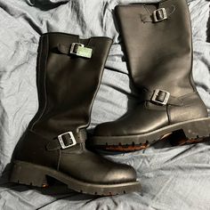 Brand New Still With Tags! Real Leather Riding Boots. No Issues Just Do Not Fit And Lost My Receipts For Return My Loss Your Gains. Just Need Gone. Size 9.5 Mens Paid $150+ In January Black Moto Waterproof Boots With Round Toe, Black Wide Calf Moto Boots With Snip Toe, Leather Moto Waterproof Boots With Round Toe, Moto Style Leather Waterproof Boots With Round Toe, Black Steel Toe Boots, Engineer Boots Men, Combat Boots Men, Black Boots Men, Rugged Boots