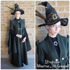 a woman wearing a witches hat and green coat