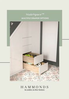 a white cabinet with drawers underneath it and the words, starspace multiple drawer options