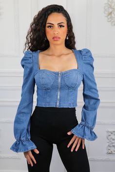 Cute denim top features Puff sleeves Front zipper Semi Cropped Model is wearing a size small Crop Top With Sleeves, Denim Top Women, Full Sleeve Top, Corset Blouse, Sunflower Pictures, Semi Cropped, Denim Crop Top, Trouser Outfits, Chic Blouses