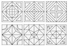 six different geometric designs that are drawn in pencil and graph paper, each with an individual's own image