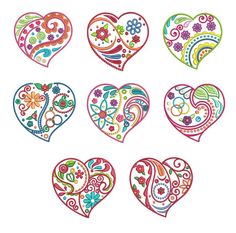 six hearts with different designs on them