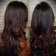 70 Sensational Red Highlights Styles — Flames in Your Hair Check more at http://hairstylezz.com/best-red-highlights-styles/ Rambut Brunette, Black Hair With Highlights, Red Highlights, Winter Hair Color, Trendy Hair Color, Hair Color Highlights, Brown Hair With Highlights, Red Hair Color, Dark Brown Hair