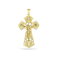 10KT Yellow Gold 92X48MM Filigree Crucifix Cross Pendant-Chain Not Included Spiritual Cross Jewelry With Intricate Design, Engraved Cross Jewelry For Blessing, Spiritual Cross Necklace With Intricate Design, Spiritual Crucifix Cross Necklace For Jewelry Making, Crucifix Necklace With Intricate Design For Gifts, Intricate Crucifix Necklace As A Gift, Intricate Crucifix Necklace For Gift, Engraved Spiritual Cross Pendant Jewelry, Spiritual Engraved Cross Pendant Jewelry