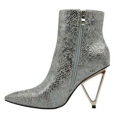 Very Stylish And Modern Women Boots. It Is Warm And Suitable To Wear In The Fall, Winter, And Spring. It Has A Unique Stiletto Style Triangular Metallic Heels. You Will Be The Center Of Attention Wearing These Boots The Heels Are 3.5 Inches Tall Available In Various Sizes Winter Boots Women, Ankle Boots, Winter Boots, Silver Ankle Boots, Silver Booties, Silver Boots For Women, Fall Boots, Womens Fashion Boots, Stiletto Booties Boots For Women Fall, Silver High Heel, Silver Ankle Boots, Crocodile Boots, Ankle Boots Winter, Silver Boots, Silver High Heels, Fall Boots, Metallic Heels