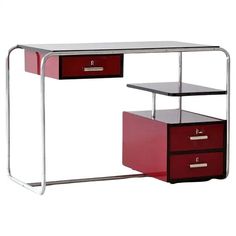 a red and chrome desk with two drawers on each side, in front of a white background