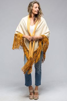 Double faced cashmere Handfringed with Agneau Plongee Leather strips Made in Biella, Italy Fringe Shawl, Cashmere Shawl, Jacquard Pattern, Yellow White, Classic Design, Shawl, Cashmere, Scarf Accessory, Women Accessories