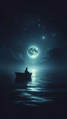 a man in a boat floating on top of the ocean under a moon filled sky