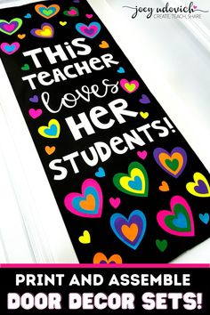 this teacher loves her students door mat with hearts on it and the words, print and assemble