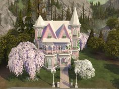 an artist's rendering of a pink victorian style house surrounded by trees and flowers