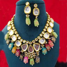 Gold Rodium Polish Multicolor color Necklace in Metal Alloy studded with Beads, Kundan Multicolor Necklace, Color Necklace, Metal Necklace, Metal Necklaces, Beads, Gold, Color