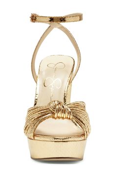 A knotted accent centers the vamp of a lofty sandal set on a chunky platform and towering cylindrical heel. 5" heel; 1" platform Synthetic upper and lining/rubber sole Imported Gold Platform Heels, Gold Platforms, Diva Style, Pink Lip Gloss, Chunky Platform, Pink Lips, Shoe Lover, Shoe Game, Platform Heels