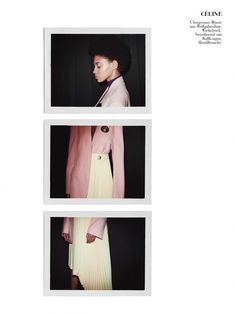 three photos of a woman in pink and yellow, one is wearing a white coat