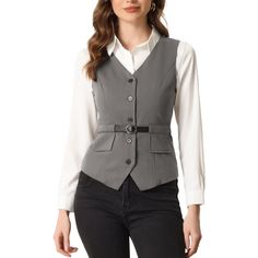 The formal business vest is a must-have for any fashion-forward wardrobe. The button front closure helps you put on and take off this vest easily. Pockets and the belt make it more designed. Styled with the trousers, necklace, chic bag, and high heels as your business look. Suitable for spring/summer/autumn/winter and many occasions, such as work, parties, and meetings. In a charming design, this special and elegant vest adds to your choice for the upcoming seasons. Blazer And Vest Women, Vest And Trousers Outfit Women, Shirt And Tie Outfits, Outfits Vest, Vest Outfit Women, Formal Casual Outfits, Elegant Vest, Business Vest, Tie Outfit