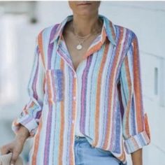 Blenco V Neck Striped Shirt Long Sleeve Roll Up Tunic Button Down Blouse Extra Large Orange Blue White New With Tags Eyelet Shirt, Striped Shirts, Striped Shirt Women, Blue Button Up Shirt, Tunic Tops Casual, Casual Tunics, White Long Sleeve Shirt, Long Sleeve Flannel, Striped Long Sleeve Shirt