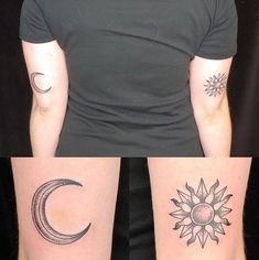 three different tattoos on the arms of people with sun, moon and crescent tattoo designs