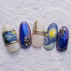 Booktok Nails, Van Gogh Nail Art, Van Gogh Nails, 1989 Nails, Victorian Nails, Asian Nail Art, Boring Nails, Japanese Nail Design