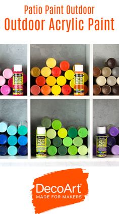 an image of some paint pots with the words patio paint outdoor acrylic paint