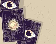 two tarot cards with the sun and moon in front of them on a beige background