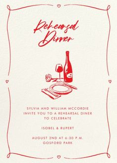 a red and white dinner party card with the words, prepared dinner written on it